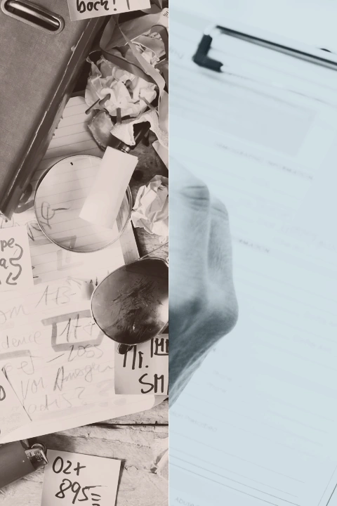 Split-screen image contrasting two approaches to data backups. The left side shows a cluttered, chaotic workspace with scattered papers, a magnifying glass, and miscellaneous items, symbolizing a disorganized and unreliable backup process. The right side features a hand writing on a clipboard with a structured checklist, representing a clear, planned approach. The visual emphasizes that successful backups require strategy and consistency—not guesswork or desperation.