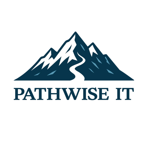 Logo for PathWise IT featuring stylized blue mountain peaks with a winding white path running through them. Below the graphic, bold uppercase text reads ‘PATHWISE IT.’ The design evokes guidance, clarity, and direction in a technology-focused context.