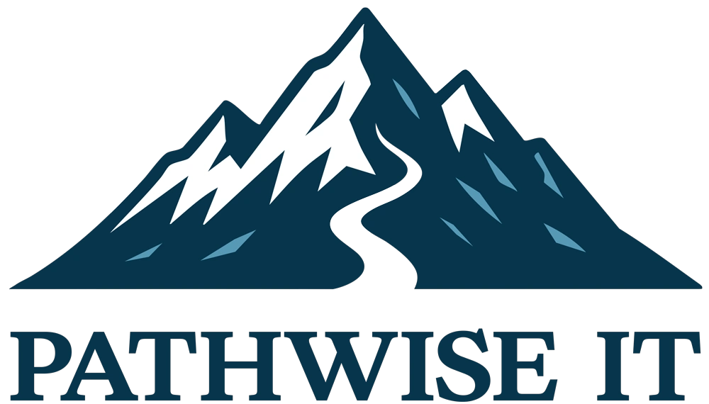 Logo for PathWise IT featuring stylized blue mountain peaks with a winding white path running through them. Below the graphic, bold uppercase text reads ‘PATHWISE IT.’ The design evokes guidance, clarity, and direction in a technology-focused context.