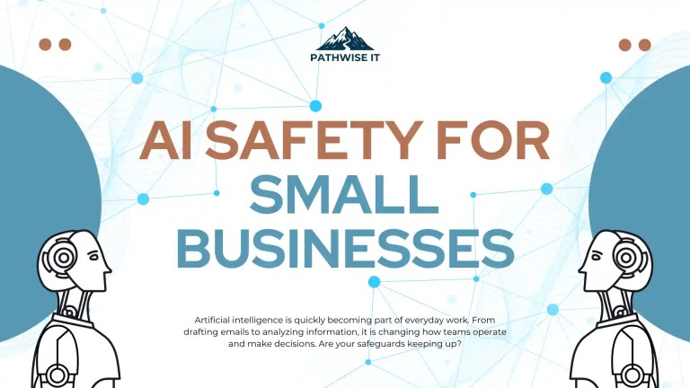 Graphic titled “AI Safety for Small Businesses” with PathWise IT branding, abstract network lines in the background, and illustrated human and AI figures on each side.