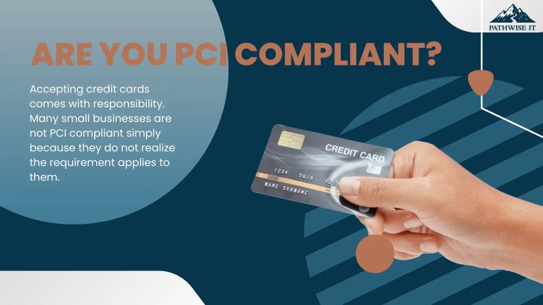 Graphic reading “Are You PCI Compliant?” with PathWise IT branding, showing a hand holding a credit card and text explaining that many small businesses are not PCI compliant because they do not realize the requirement applies to them.