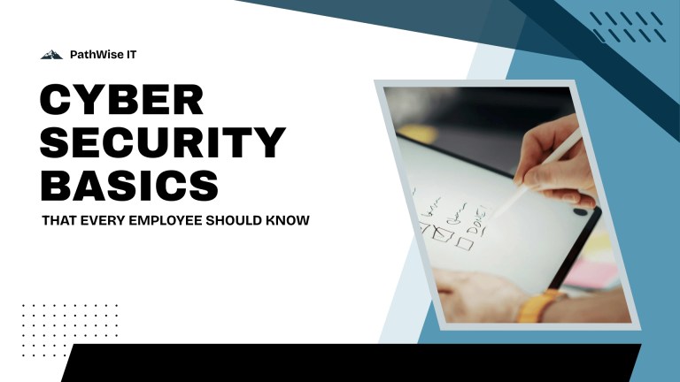 Educational graphic with bold black text on a white background reading 'CYBER SECURITY BASICS THAT EVERY EMPLOYEE SHOULD KNOW.' On the right, a person uses a stylus to mark a digital checklist on a tablet, with the word 'DONE!' visible. The PathWise IT logo appears at the top, emphasizing the importance of employee cybersecurity awareness.