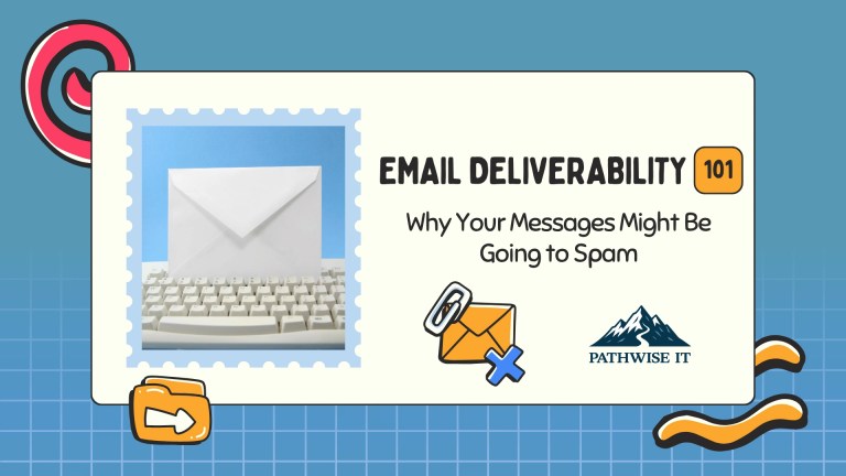 Promotional graphic with a blue grid background featuring a white envelope resting on a computer keyboard, symbolizing email. On the right, bold text reads 'EMAIL DELIVERABILITY 101 – Why Your Messages Might Be Going to Spam.' Below the text is the PathWise IT logo with a stylized mountain. Icons representing email and spam, including an envelope with a paperclip, a blue 'X' mark, and a folder with an arrow, reinforce the theme of email filtering and deliverability.