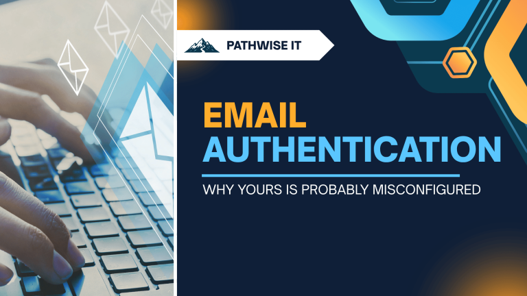 Promotional graphic split into two panels. On the left, a close-up photo of hands typing on a laptop keyboard, overlaid with translucent envelope and mountain icons in shades of blue. On the right, a dark navy panel with angular blue and gold geometric shapes in the corners. A white arrow banner at the top holds the PathWise IT mountain logo and "PATHWISE IT" text. Below it, bold headline text reads "EMAIL AUTHENTICATION" in gold and light blue, with a subheading underneath that reads "WHY YOURS IS PROBABLY MISCONFIGURED."