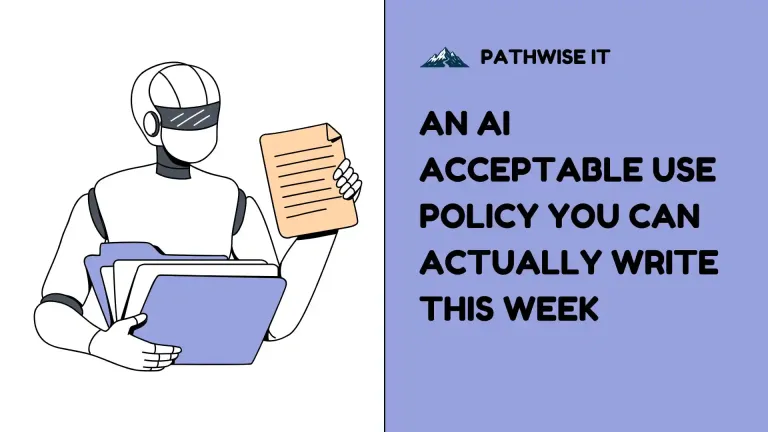 Promotional graphic split into two panels. On the left, a white background with a line-drawn illustration of a humanoid robot holding a sheet of paper in one hand and a stack of file folders in the other. On the right, a periwinkle purple panel with the PathWise IT mountain logo and "PATHWISE IT" text at the top, and bold black headline text below reading "AN AI ACCEPTABLE USE POLICY YOU CAN ACTUALLY WRITE THIS WEEK."