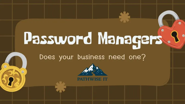 Promotional graphic with a brown grid background resembling graph paper. Bold cream headline text reads "Password Managers" with a subheading below that reads "Does your business need one?" and the PathWise IT mountain logo and "PATHWISE IT" text beneath it. A gold padlock sits in the lower left, a red heart-shaped padlock in the upper right, and two asterisk marks are scattered as accents.