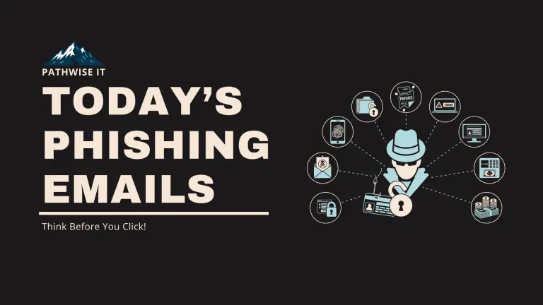 Promotional graphic on a near-black background. On the left, the PathWise IT mountain logo and "PATHWISE IT" text sit above a bold headline reading "TODAY'S PHISHING EMAILS," with a subheading below that reads "Think Before You Click!" On the right, a light-blue illustration of a hooded figure in a hat and sunglasses at the center of a web of dashed lines connecting to circular security icons: a fingerprint on a phone, a locked folder, a document marked "PRIVATE," a laptop error screen, a login screen, a PIN pad, stacks of cash, a locked login window, and an envelope with a skull.